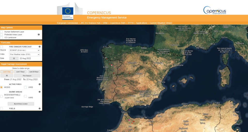 Visor cartográfico del sitema Copernicus. Incendios Activos